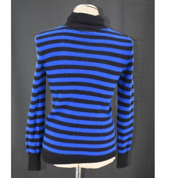 Bloomingdale's Cashmere Black and Blue Striped Turtle Neck Sweater - M - Picture 4 of 5